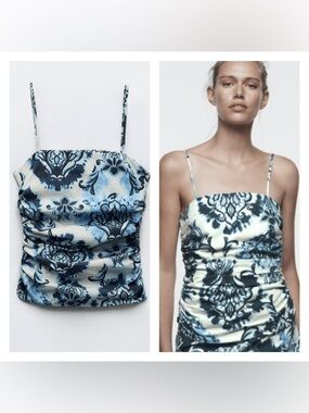 ZARA Blue Paisley Ruched Side Camisole Tank Top